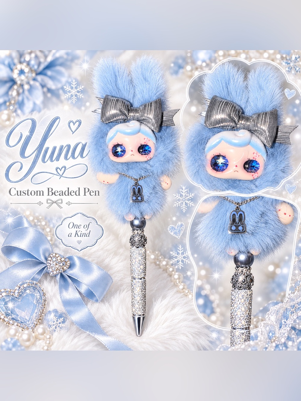 YUNA Blue Plush Bunny Beaded Pen